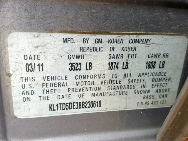 KL1TD5DE3BB230618 - 2011 CHEVROLET AVEO LS GRAY photo 10