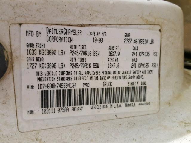 1D7HG38N74S594134 - 2004 DODGE DAKOTA QUA WHITE photo 10