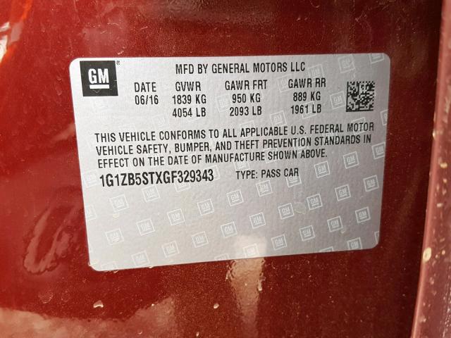 1G1ZB5STXGF329343 - 2016 CHEVROLET MALIBU LS RED photo 10