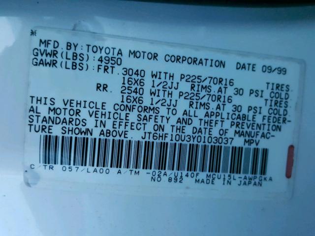 JT6HF10U3Y0103037 - 2000 LEXUS RX 300 WHITE photo 10