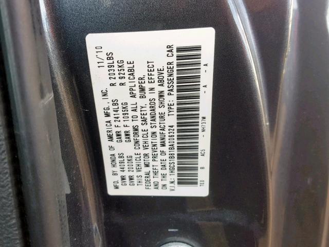 1HGCS1B81BA006324 - 2011 HONDA ACCORD EXL GRAY photo 10