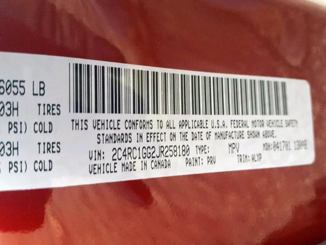 2C4RC1GG2JR258180 - 2018 CHRYSLER PACIFICA L RED photo 10