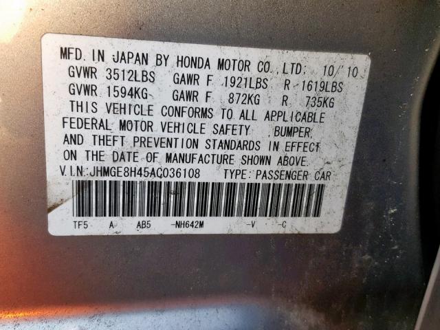 JHMGE8H45AC036108 - 2010 HONDA FIT SPORT GRAY photo 10