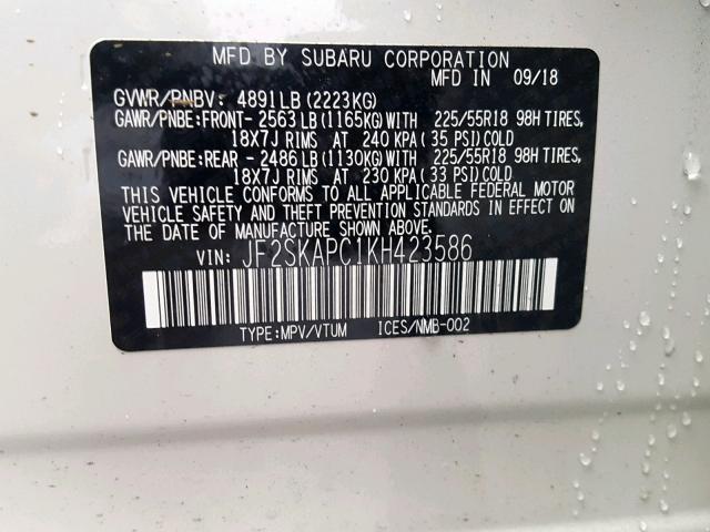 JF2SKAPC1KH423586 - 2019 SUBARU FORESTER S Ağ foto 10