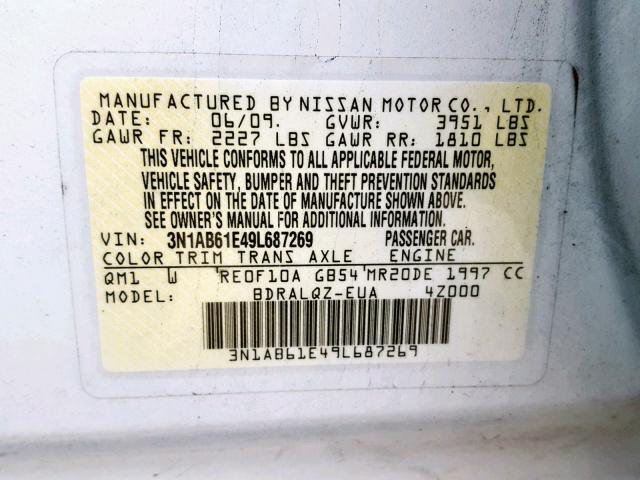 3N1AB61E49L687269 - 2009 NISSAN SENTRA 2.0 WHITE photo 10