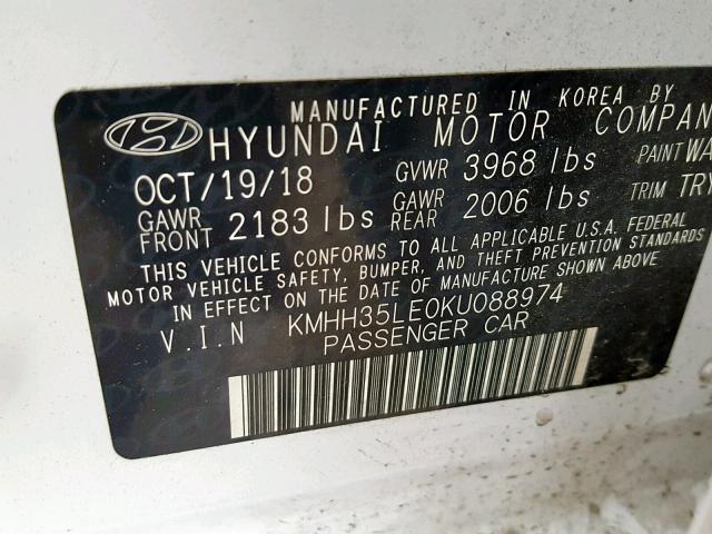 KMHH35LE0KU088974 - 2019 HYUNDAI ELANTRA GT WHITE photo 10