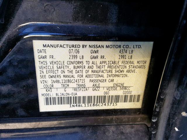 1N4BL11E86C243715 - 2006 NISSAN ALTIMA SE BLUE photo 10