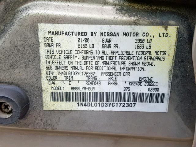 1N4DL01D3YC172307 - 2000 NISSAN ALTIMA XE TAN photo 10