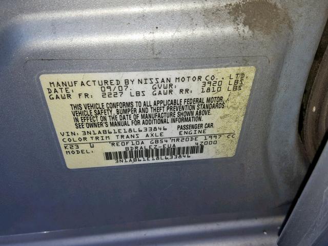 3N1AB61E18L633846 - 2008 NISSAN SENTRA 2.0 SILVER photo 10