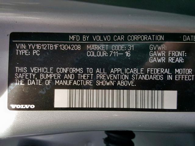 YV1612TB1F1304208 - 2015 VOLVO S60 PREMIE ვერცხლისფერი ფოტო 10