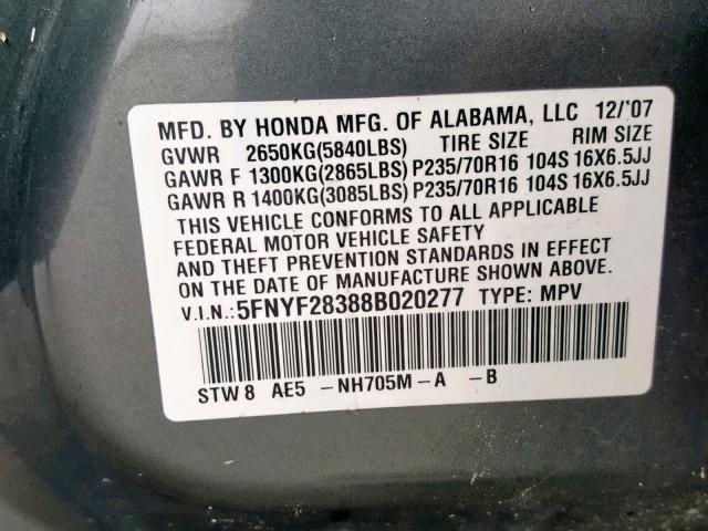 5FNYF28388B020277 - 2008 HONDA PILOT SE GRAY photo 10