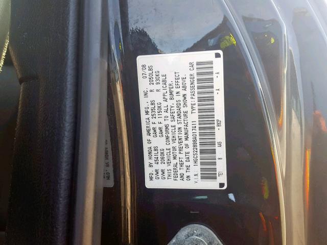 1HGCS22898A017411 - 2008 HONDA ACCORD EXL BLACK photo 10