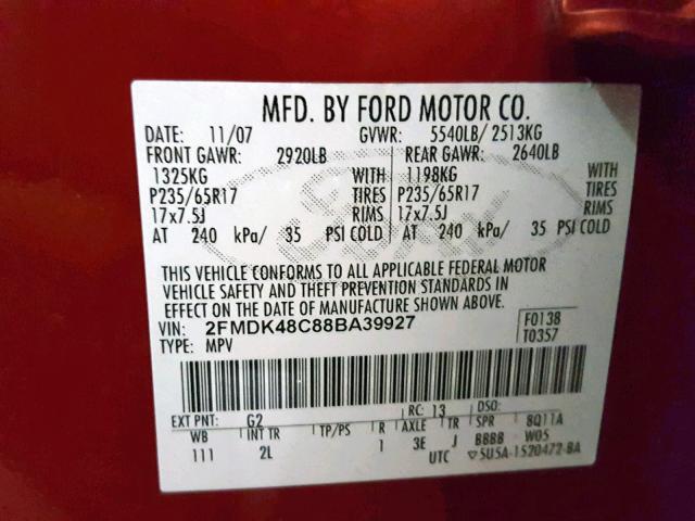 2FMDK48C88BA39927 - 2008 FORD EDGE SEL RED photo 10