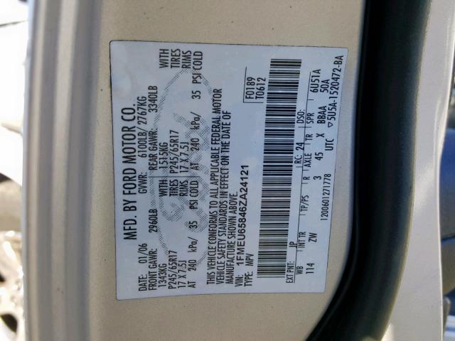 1FMEU65846ZA24121 - 2006 FORD EXPLORER L SILVER photo 10