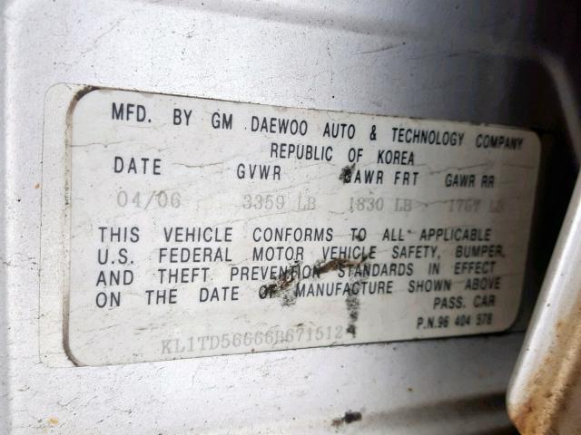 KL1TD56666B671512 - 2006 CHEVROLET AVEO BASE Gümüş foto 10