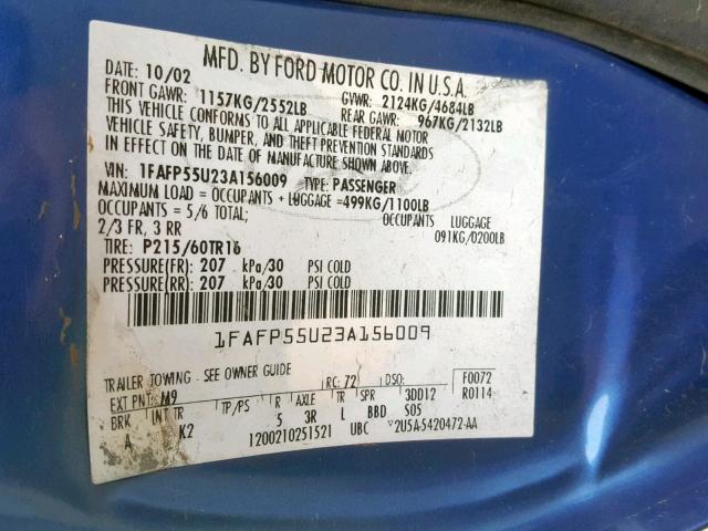 1FAFP55U23A156009 - 2003 FORD TAURUS SES BLUE photo 10