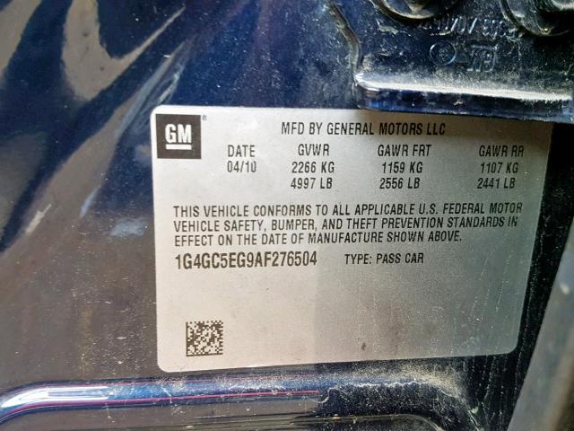 1G4GC5EG9AF276504 - 2010 BUICK LACROSSE C BLUE photo 10