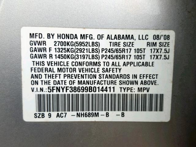 5FNYF38699B014411 - 2009 HONDA PILOT EXL SILVER photo 10