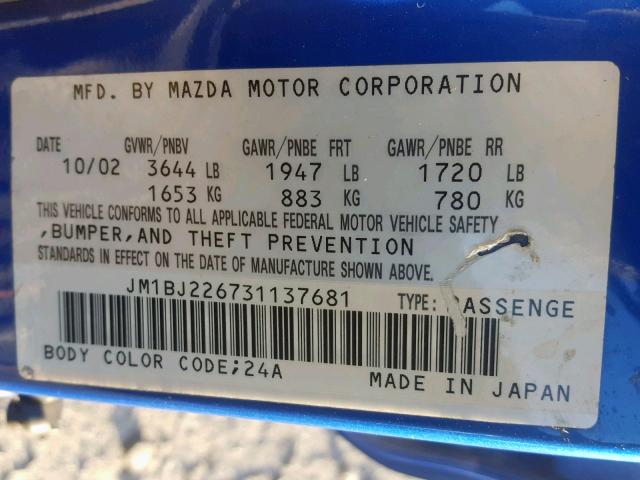 JM1BJ226731137681 - 2003 MAZDA PROTEGE DX BLUE photo 10