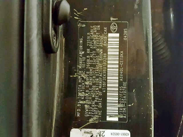 4T1BF3EK9BU193288 - 2011 TOYOTA CAMRY BASE BLACK photo 10