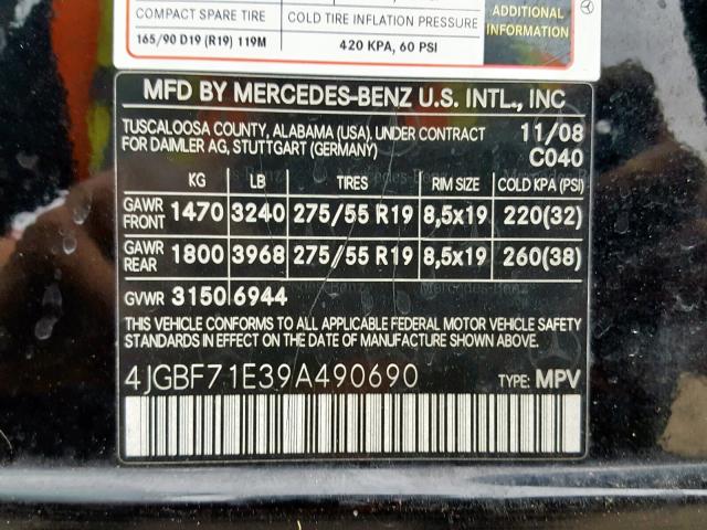 4JGBF71E39A490690 - 2009 MERCEDES-BENZ GL 450 4MA BLACK photo 10