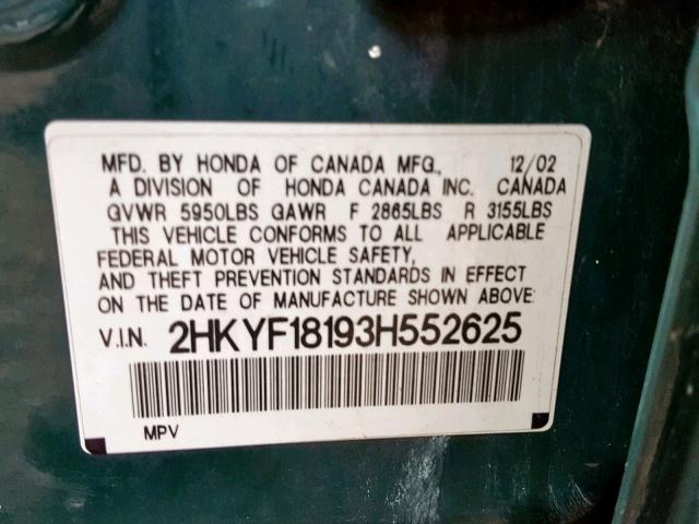 2HKYF18193H552625 - 2003 HONDA PILOT LX GREEN photo 10