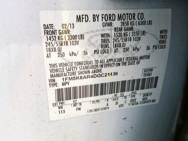 1FM5K8AR4DGC21136 - 2013 FORD EXPLORER P WHITE photo 10