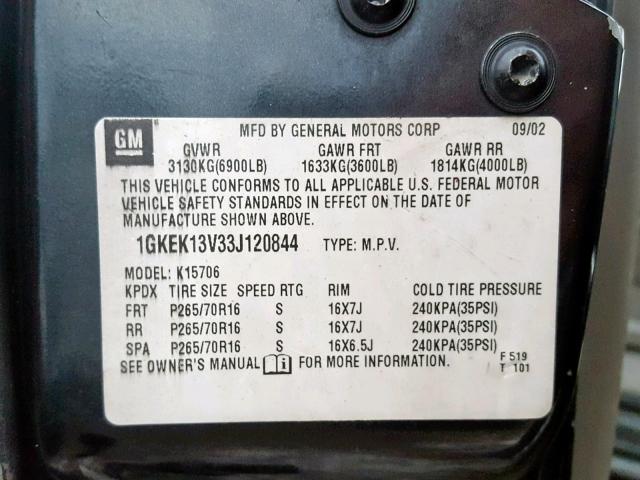 1GKEK13V33J120844 - 2003 GMC YUKON GREEN photo 10