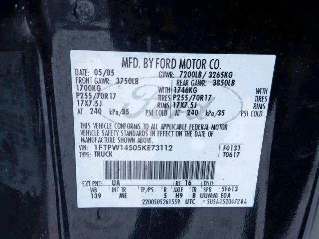 1FTPW14505KE73112 - 2005 FORD F150 SUPER BLACK photo 10