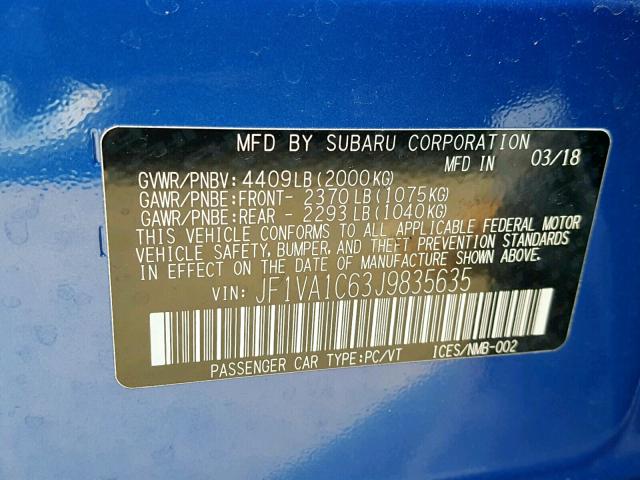 JF1VA1C63J9835635 - 2018 SUBARU WRX PREMIU BLUE photo 10