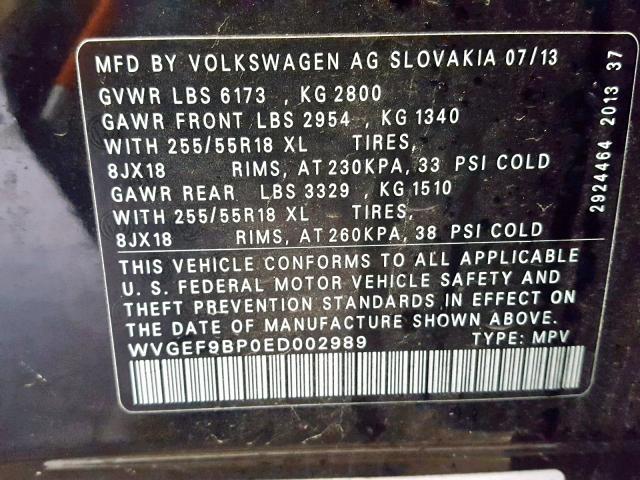 WVGEF9BP0ED002989 - 2014 VOLKSWAGEN TOUAREG V6 BLACK photo 10