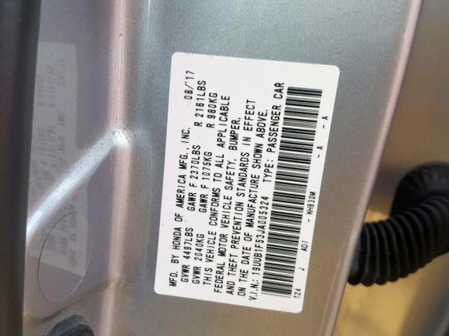 19UUB1F53JA005324 - 2018 ACURA TLX TECH ვერცხლისფერი ფოტო 10