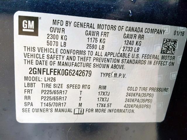 2GNFLFEK0G6242679 - 2016 CHEVROLET EQUINOX LT BLUE photo 10