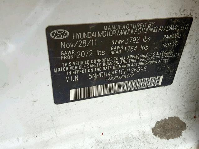 5NPDH4AE1CH126998 - 2012 HYUNDAI ELANTRA GL WHITE photo 10