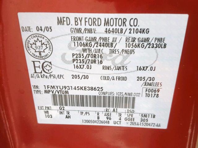 1FMYU93145KE38625 - 2005 FORD ESCAPE XLT RED photo 10