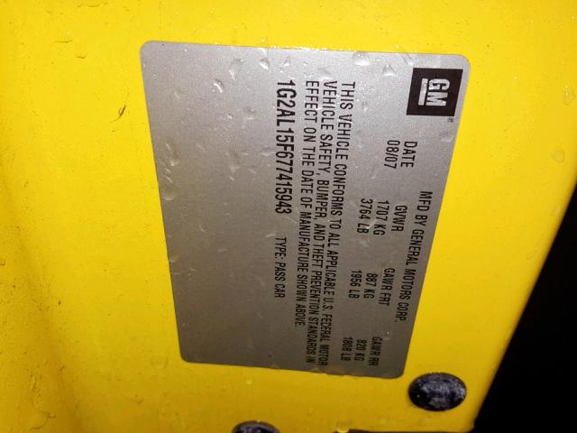 1G2AL15F677415943 - 2007 PONTIAC G5 YELLOW photo 10
