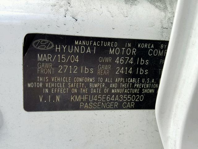 KMHFU45E64A355020 - 2004 HYUNDAI XG 350 WHITE photo 10