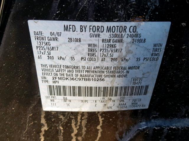 2FMDK36C97BB10256 - 2007 FORD EDGE SE BLACK photo 10