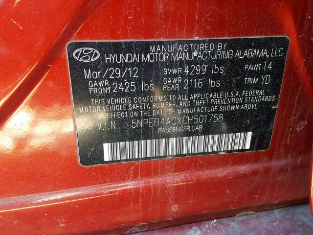 5NPEB4ACXCH501758 - 2012 HYUNDAI SONATA GLS BURGUNDY photo 10