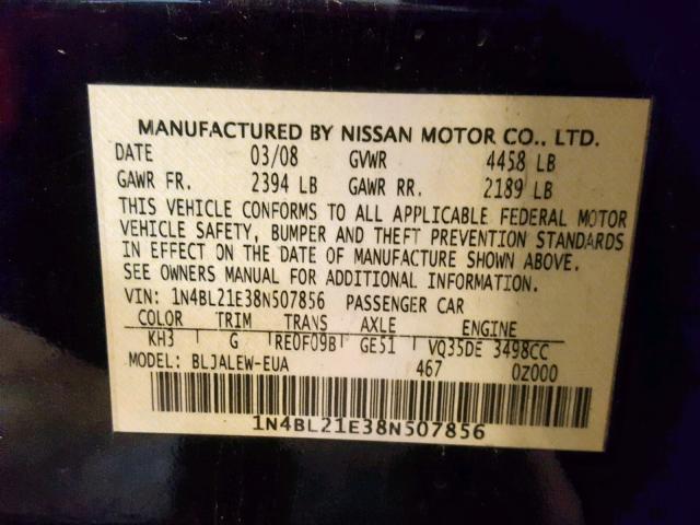 1N4BL21E38N507856 - 2008 NISSAN ALTIMA 3.5 BLACK photo 10