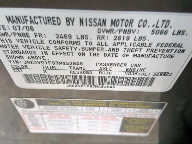 JNKAY01F97M452949 - 2007 INFINITI M35 BASE GRAY photo 10