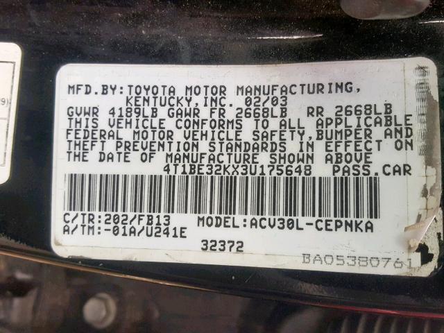 4T1BE32KX3U175648 - 2003 TOYOTA CAMRY BLACK photo 10