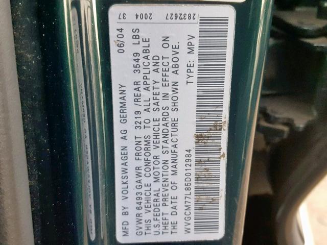 WVGCM77L85D012984 - 2005 VOLKSWAGEN TOUAREG 4. GREEN photo 10