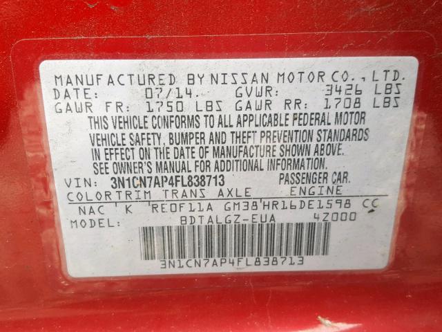 3N1CN7AP4FL838713 - 2015 NISSAN VERSA S RED photo 10