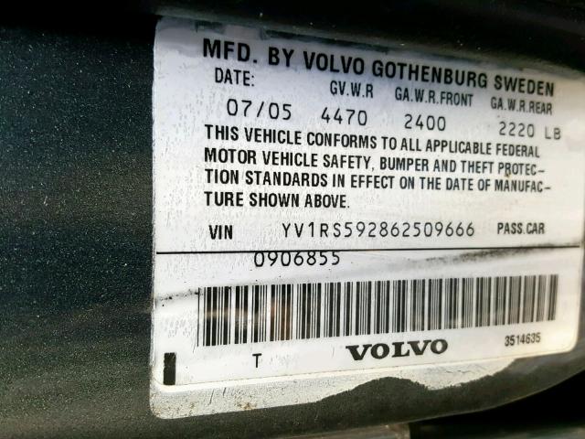 YV1RS592862509666 - 2006 VOLVO S60 2.5T GRAY photo 10