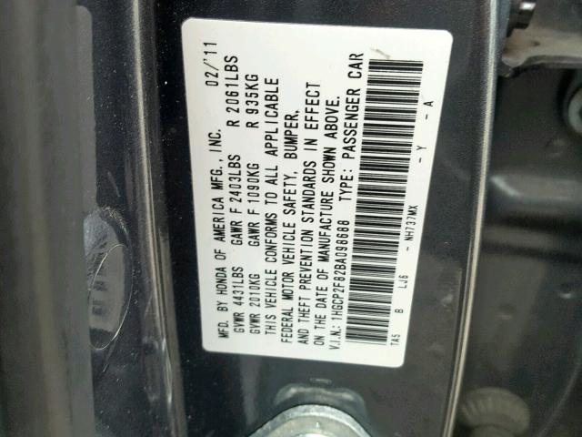 1HGCP2F82BA098688 - 2011 HONDA ACCORD EXL Boz foto 10