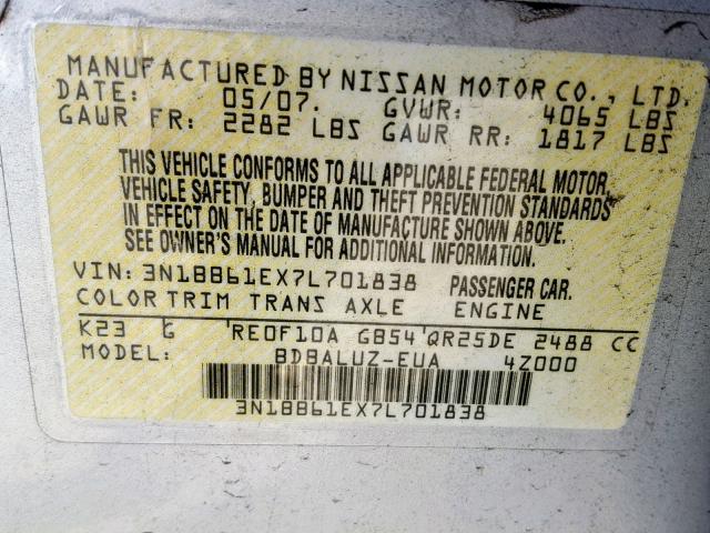 3N1BB61EX7L701838 - 2007 NISSAN SENTRA SE- SILVER photo 10