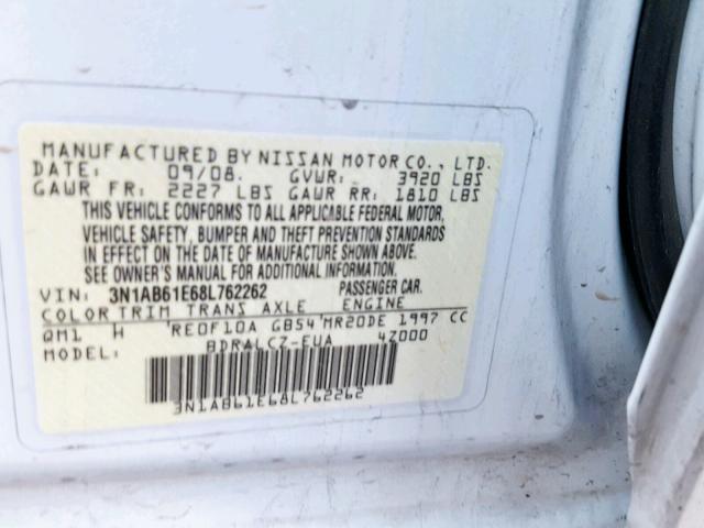 3N1AB61E68L762262 - 2008 NISSAN SENTRA 2.0 WHITE photo 10