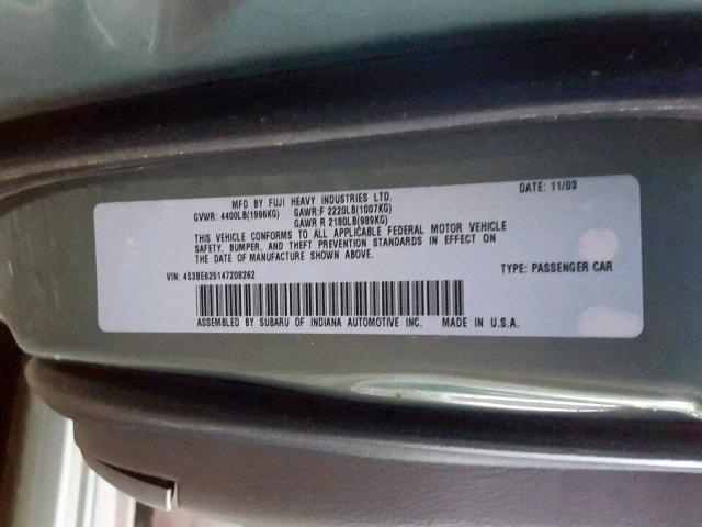 4S3BE625147208262 - 2004 SUBARU LEGACY L S GREEN photo 10