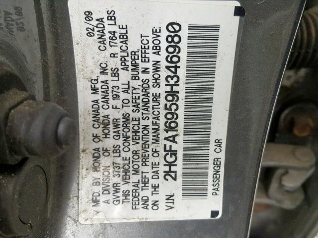 2HGFA16959H346980 - 2009 HONDA CIVIC EXL ნაცრისფერი ფოტო 10